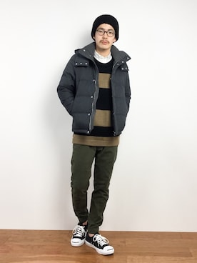 「MHL.（エムエイチエル）のアイテム（帽子）」を使った、ナカニシアキラさん（メンズ・172cm）の冬コーディネート