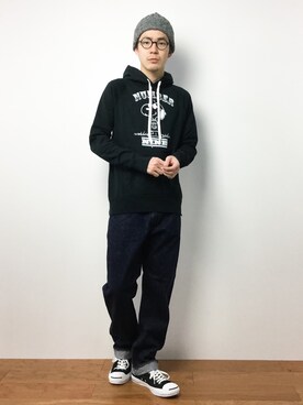 「JOURNAL STANDARD relume（ジャーナルスタンダード　レリューム）のアイテム（ニットキャップ/ビーニー）」を使った、ナカニシアキラさん（メンズ・172cm）の冬コーディネート