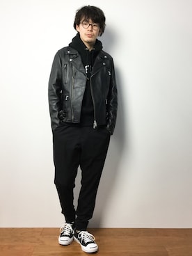 「JOURNAL STANDARD（ジャーナルスタンダード）のアイテム（ライダースジャケット）」を使った、ナカニシアキラさん（メンズ・172cm）の冬コーディネート