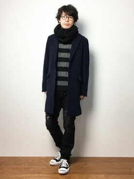 「JUNRED（ジュンレッド）のアイテム（チェスターコート）」を使った、ナカニシアキラさん（メンズ・172cm）の冬コーディネート