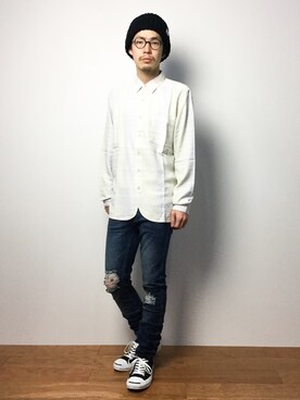 「AZUL by moussy（アズールバイマウジー）のアイテム（ニットキャップ/ビーニー）」を使った、ナカニシアキラさん（メンズ・172cm）の冬コーディネート