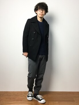 「NANO universe（ナノユニバース）のアイテム（ピーコート）」を使った、ナカニシアキラさん（メンズ・172cm）の冬コーディネート