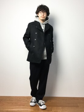 「Denime（ドゥニーム）のアイテム（ピーコート）」を使った、ナカニシアキラさん（メンズ・172cm）の冬コーディネート