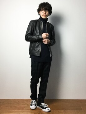 「STUDIOUS（ステュディオス）のアイテム（ライダースジャケット）」を使った、ナカニシアキラさん（メンズ・172cm）の冬コーディネート