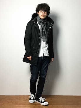 「Denime（ドゥニーム）のアイテム（モッズコート）」を使った、ナカニシアキラさん（メンズ・172cm）の冬コーディネート