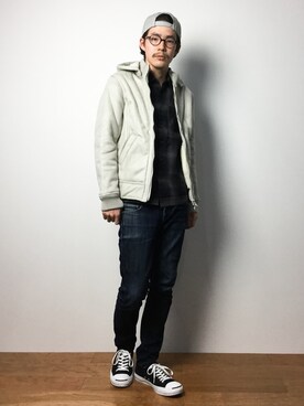 「AZUL by moussy（アズールバイマウジー）のアイテム（ブルゾン）」を使った、ナカニシアキラさん（メンズ・172cm）の冬コーディネート