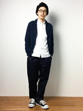 「Lui's（ルイス）のアイテム（ニットキャップ/ビーニー）」を使った、ナカニシアキラさん（メンズ・172cm）の冬コーディネート