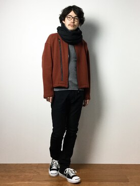 「SHAREEF（シャリーフ）のアイテム（ノーカラージャケット）」を使った、ナカニシアキラさん（メンズ・172cm）の冬コーディネート