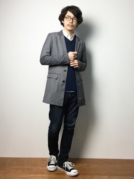 「MK MICHEL KLEIN HOMME （エムケーミッシェルクランオム）のアイテム（チェスターコート）」を使った、ナカニシアキラさん（メンズ・172cm）の冬コーディネート