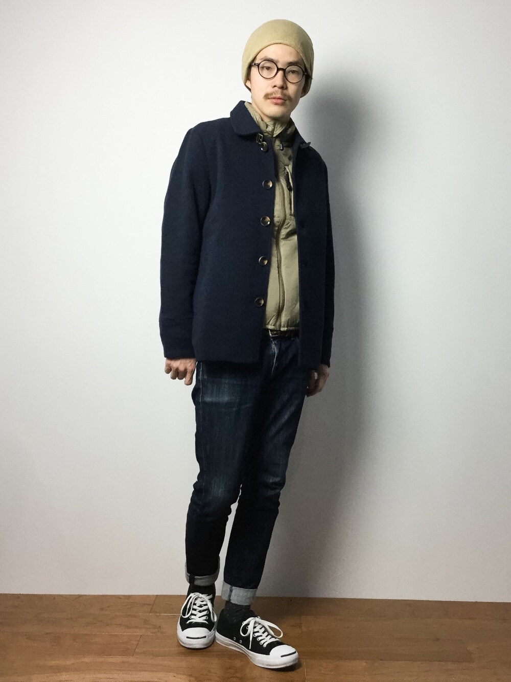 「OVERRIDEの【override】麻混ﾐｻｲﾙ（ニットキャップ/ビーニー、ベージュ系）」を使った、ナカニシアキラさん（メンズ・172cm）の冬コーディネートの1枚目の写真