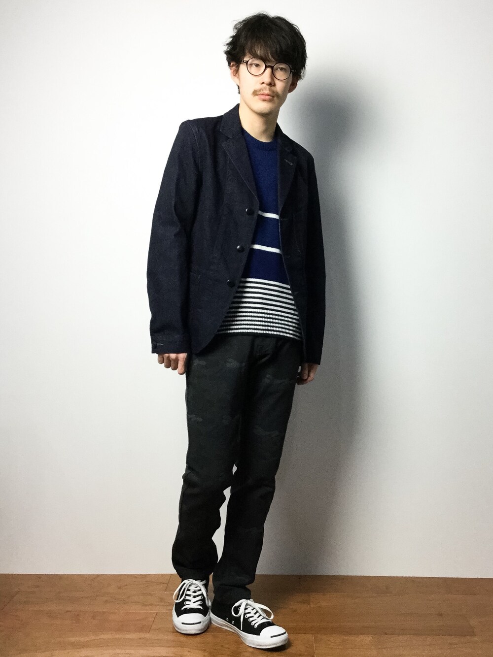 「BEAUTY&YOUTH UNITED ARROWSの＜ROBERT MACKIE＞ M/BORDER KNIT/ニット（ニット/セーター、ブルー系）」を使った、ナカニシアキラさん（メンズ・172cm）の冬コーディネートの1枚目の写真