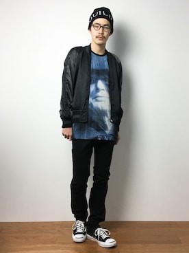 「DOWBL（ダブル）のアイテム（スタジャン）」を使った、ナカニシアキラさん（メンズ・172cm）の冬コーディネート