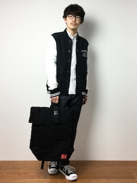 「Design Tshirts Store graniph（デザイン　ティーシャツ　ストア　グラニフ）のアイテム（スタジャン）」を使った、ナカニシアキラさん（メンズ・172cm）の冬コーディネート