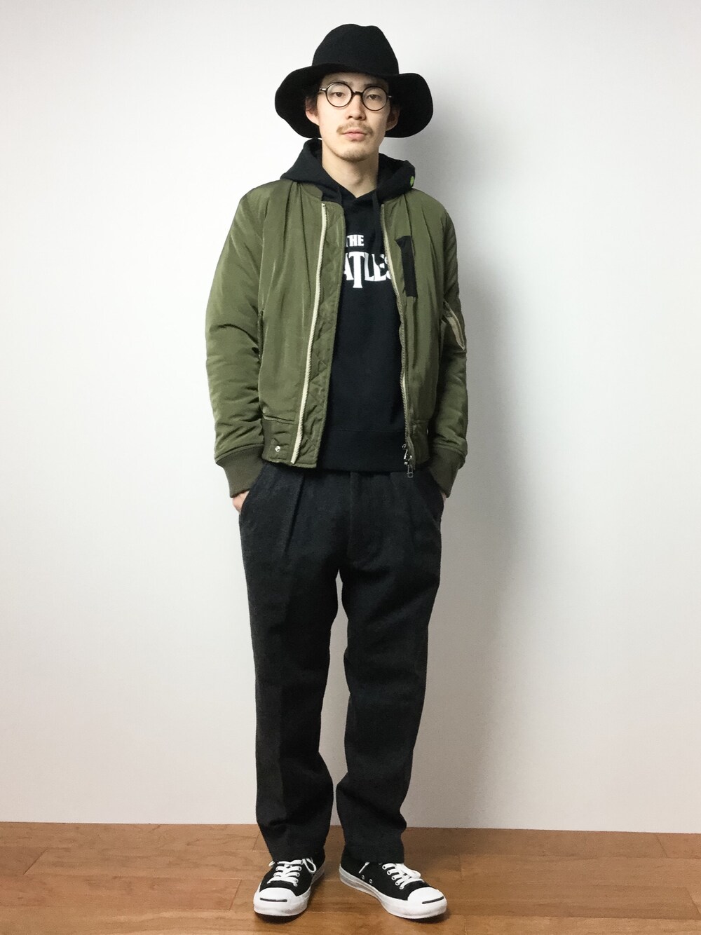 「MA-1、MA1」｜「UNION STATIONのウールハット(アジャスター付き)（ハット、ブラック系）」を使った、ナカニシアキラさん（メンズ・172cm）の冬コーディネートの1枚目の写真