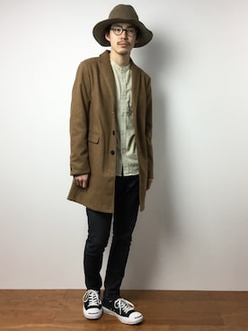 「unrelaxing（アンリラクシング）のアイテム（チェスターコート）」を使った、ナカニシアキラさん（メンズ・172cm）の冬コーディネート