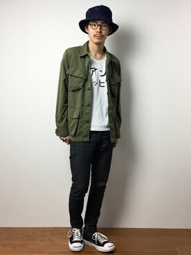 「UP START（アップスタート）のアイテム（帽子）」を使った、ナカニシアキラさん（メンズ・172cm）の冬コーディネート