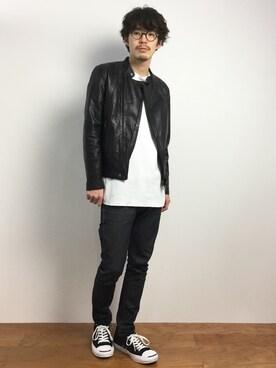 「JOURNAL STANDARD relume（ジャーナルスタンダード　レリューム）のアイテム（ライダースジャケット）」を使った、ナカニシアキラさん（メンズ・172cm）の冬コーディネート