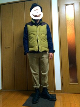 「Suger Caneのアイテム（ダウンベスト、イエロー系）」を使った、かずよさん（メンズ・164cm）の春コーディネート
