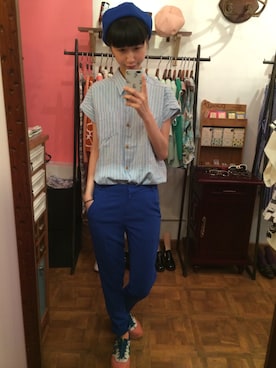 「blue」｜「アイテム（ハンチング/ベレー帽）」を使った、Gela Hoさん（レディース・170cm）の夏コーディネート