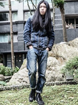 「NET（ネット）のアイテム（デニムジャケット）」を使った、Owen Tzengさん（メンズ・170cm）の冬コーディネート