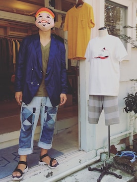 「is-ness（イズネス）のアイテム（ジャケット/アウター）」を使った、タテイスカンナのえびす様さん（メンズ・174cm）の夏コーディネート