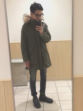 「LOUNGE LIZARD（ラウンジリザード）のアイテム（モッズコート）」を使った、akiさん（メンズ・173cm）の冬コーディネート