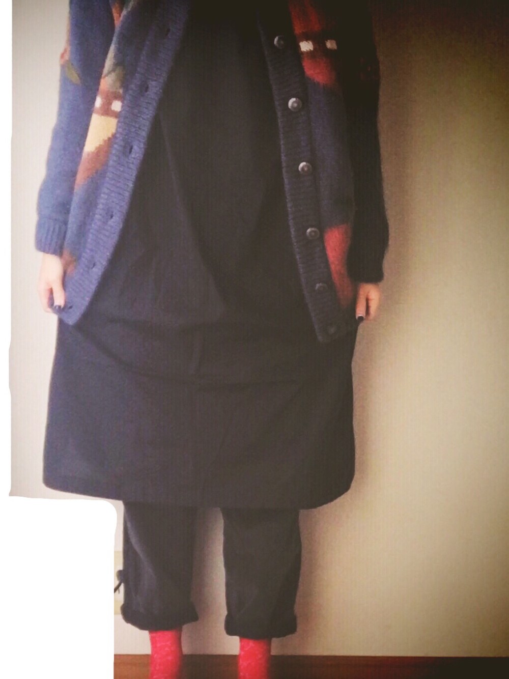 「古着、古着MIX、真っ黒コーデ、お洒落さんとつながりたい」｜「USEDのアイテム（ジャケット/アウター、ブルー系）」を使った、f u a ∴さん（レディース・162cm）の冬コーディネートの1枚目の写真