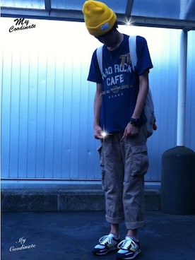 「青いTシャツ」｜「アイテム（帽子）」を使った、Ringringさん（メンズ・172cm）の夏コーディネート