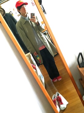 「赤チェック」｜「アイテム（ステンカラーコート）」を使った、Ringringさん（メンズ・172cm）の春コーディネート