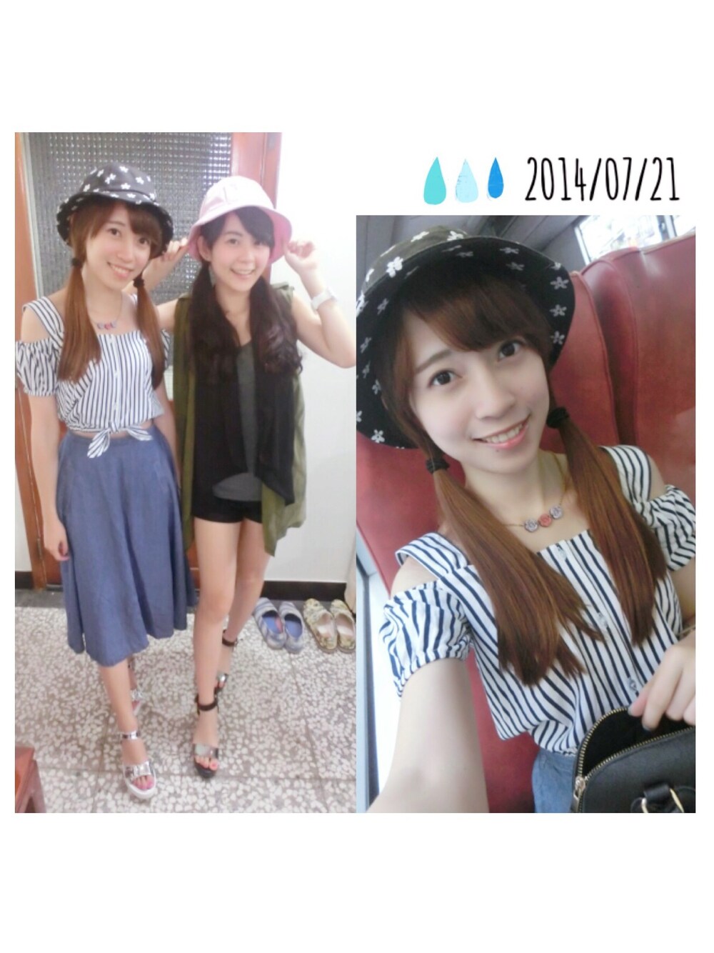 「GLOBAL WORK、Ollie、gracegift、sala、stripe、hat」｜「GLOBAL WORKの【WEB限定先行予約】ポケツキサーキュラースカート（スカート、ブルー系）」を使った、min🍭敏敏さん（レディース・160cm）の夏コーディネートの1枚目の写真