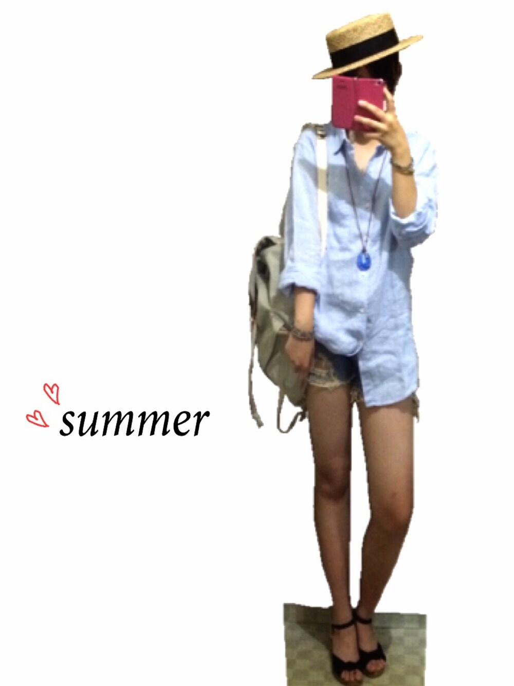 「summer、麻、リュック、ダメージデニムパンツ、麦わら帽子、オトナカジュアル、ブルー、サンダル、SALEで買いました、夏コーデ」｜「niko and...のオリジナルキャンバスFRリュック【niko and...】（バックパック/リュック、グレー系）」を使った、choco.さん（レディース・159cm）の夏コーディネートの1枚目の写真