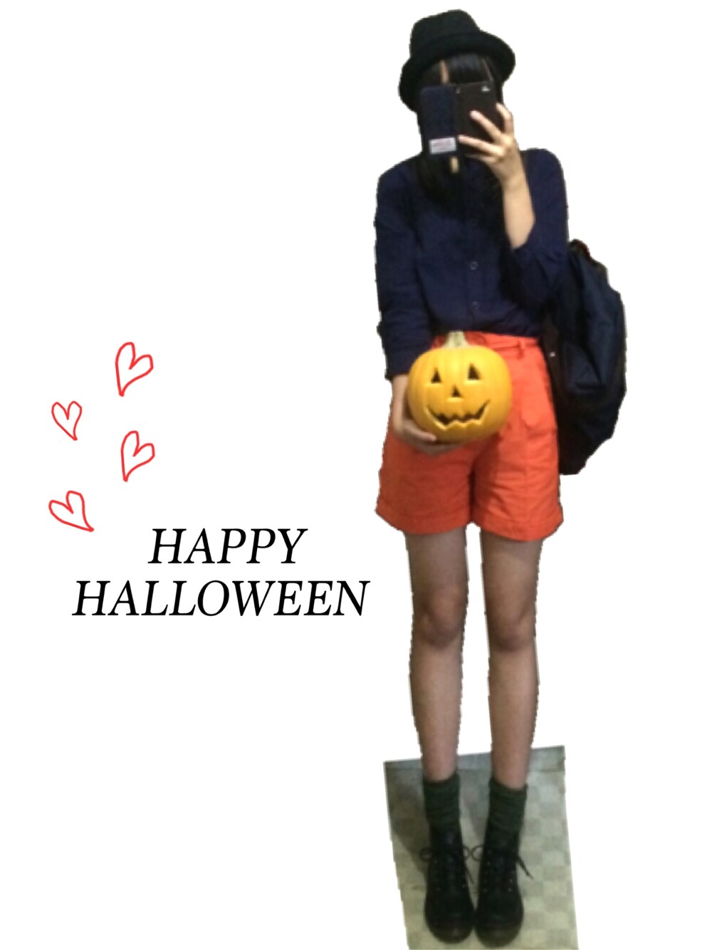 「WEAR HALLOWEEN 2015、かぼちゃ、ネイビー、シャツスタイル、オレンジ、ショートパンツ、ショートブーツ、ハット、リュック、ハロウィン」｜「NICE CLAUPのハット（ハット、ブラック系）」を使った、choco.さん（レディース・159cm）の秋コーディネートの1枚目の写真