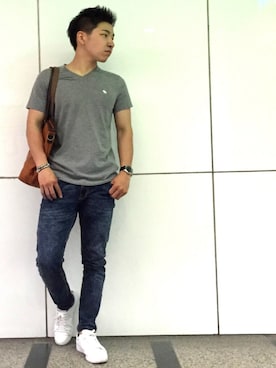 「アイテム（トートバッグ、オレンジ系）」を使った、Kさん（メンズ・170cm）の夏コーディネート