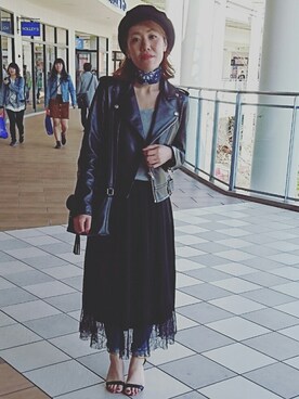 「バンダナ」｜「アイテム（ライダースジャケット）」を使った、Natsuko Kawasakiさん（レディース・162cm）の秋コーディネート