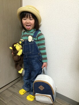 「耳付き帽子」｜「アイテム（サロペット/オーバーオール）」を使った、るるくろさん（キッズ・90cm）の春コーディネート
