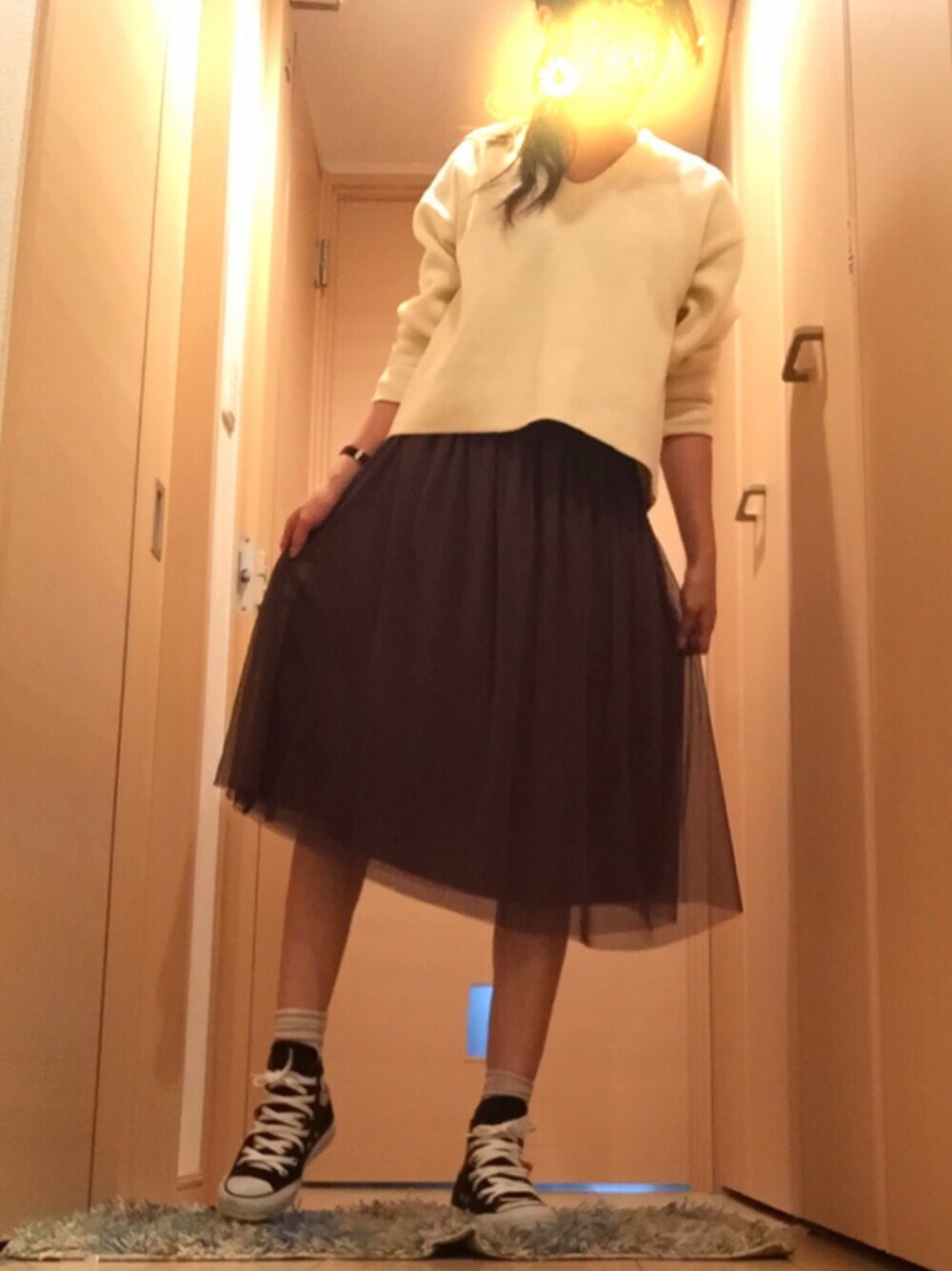 「春コーデ」｜「Te chichiのチュール膝丈スカート（スカート、グリーン系）」を使った、 Yuuさん（レディース・159cm）の冬コーディネートの1枚目の写真