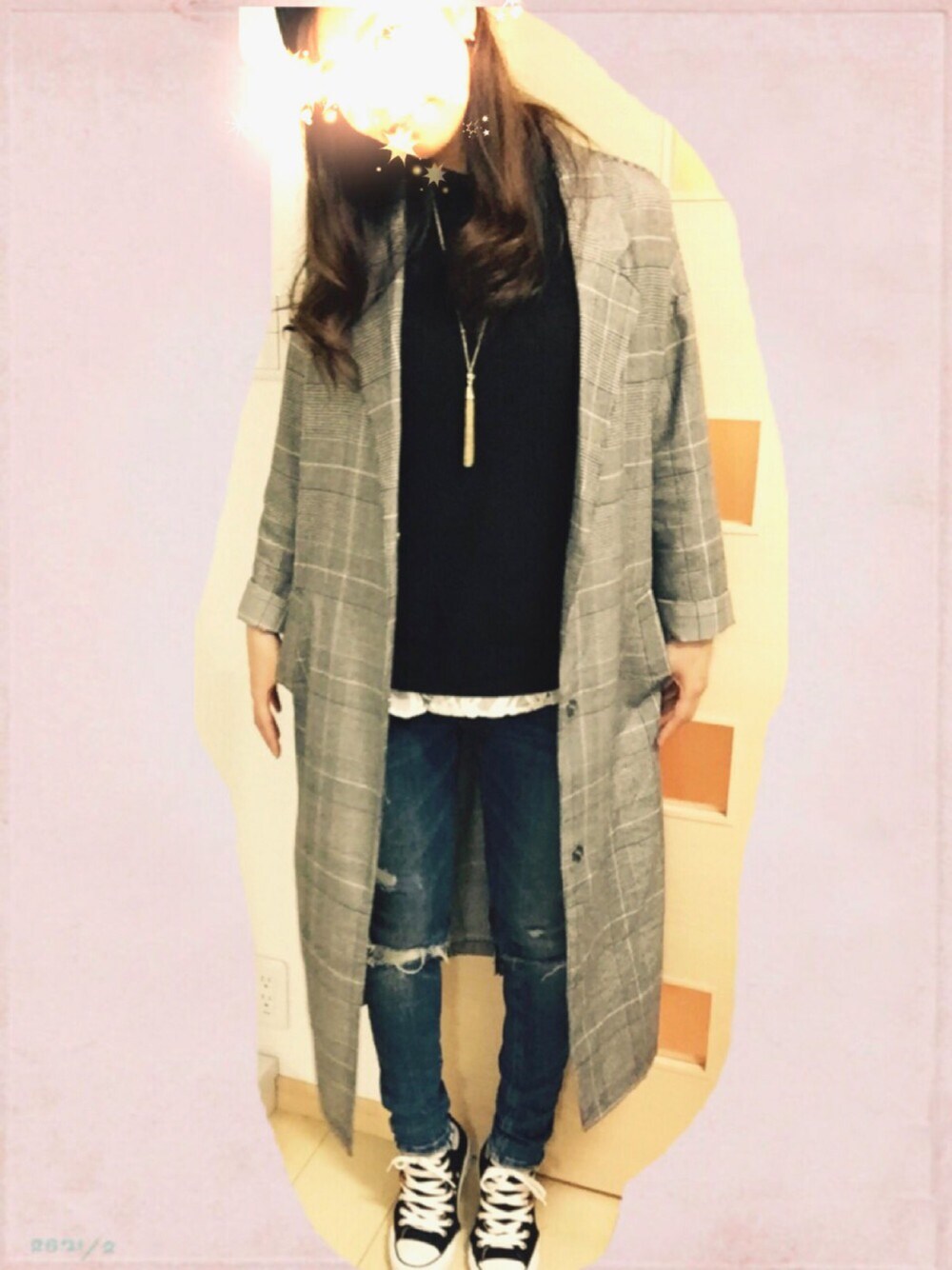 「神田、女子会」｜「LOWRYS FARMのアイテム（ジャケット/アウター、グレー系）」を使った、 Yuuさん（レディース・159cm）の春コーディネートの1枚目の写真