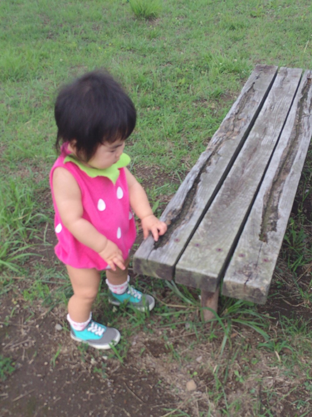 グリーン系のベビーシューズ/ベビーソックスを着用したキッズの夏コーディネートの1枚目の写真