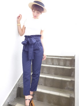 「MICOAMERI（ミコアメリ）のアイテム（Tシャツ/カットソー）」を使った、舟山久美子♡くみっきーさん（レディース・155cm）の夏コーディネート