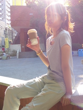 「MICOAMERI（ミコアメリ）のアイテム（Tシャツ/カットソー）」を使った、舟山久美子♡くみっきーさん（レディース・155cm）の夏コーディネート