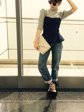 「MICOAMERI（ミコアメリ）のアイテム（Tシャツ/カットソー）」を使った、舟山久美子♡くみっきーさん（レディース・155cm）の秋コーディネート