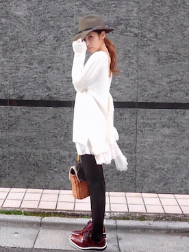 「MICOAMERI（ミコアメリ）のアイテム（チュニック）」を使った、舟山久美子♡くみっきーさん（レディース・155cm）の秋コーディネート