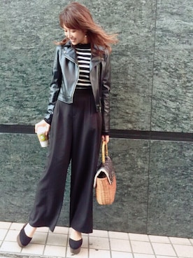 「ボーター」｜「アイテム（ライダースジャケット）」を使った、舟山久美子♡くみっきーさん（レディース・155cm）の秋コーディネート