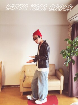 「Levi's（リーバイス）のアイテム（ライダースジャケット）」を使った、もろこし輪太郎さん（メンズ・170cm）の秋コーディネート