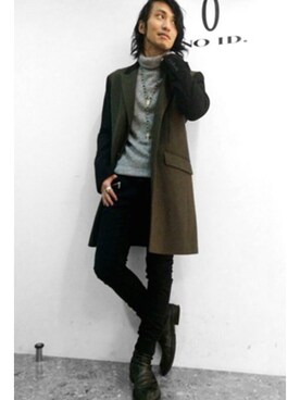 「NO ID.（ノーアイディ）のアイテム（チェスターコート）」を使った、NO ID. Officialさん（メンズ・170cm）の冬コーディネート