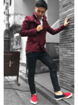 「NO ID.（ノーアイディ）のアイテム（ピーコート）」を使った、NO ID. Officialさん（メンズ・170cm）の冬コーディネート
