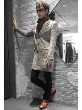 「NO ID.（ノーアイディ）のアイテム（チェスターコート）」を使った、NO ID. Officialさん（メンズ・178cm）の冬コーディネート