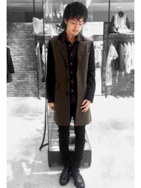 「NO ID.（ノーアイディ）のアイテム（チェスターコート）」を使った、NO ID. Officialさん（メンズ・170cm）の冬コーディネート