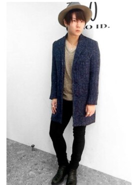 「NO ID.（ノーアイディ）のアイテム（チェスターコート）」を使った、NO ID. Officialさん（メンズ・175cm）の冬コーディネート