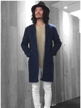 「NO ID.（ノーアイディ）のアイテム（チェスターコート）」を使った、NO ID. Officialさん（メンズ・170cm）の冬コーディネート